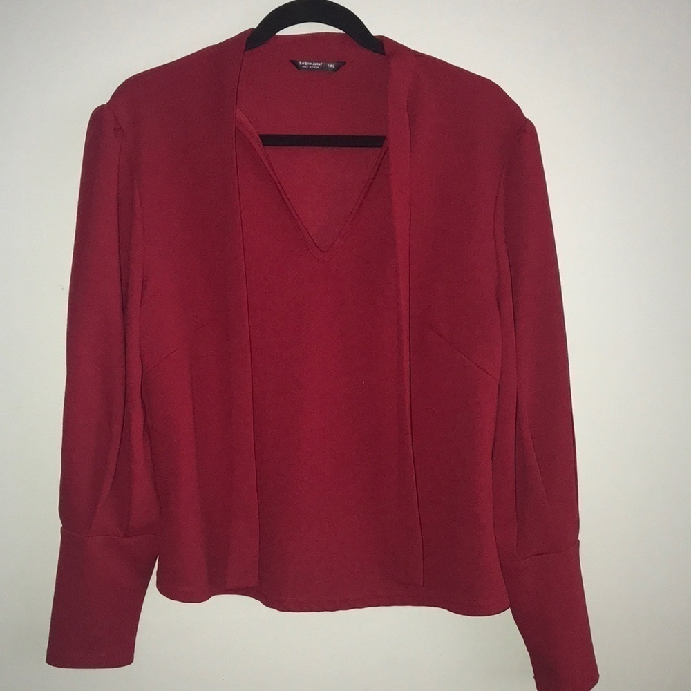 Shein Curve Ruby Red V-Neck Tie Shirt Long Sleeve - Size 1XL